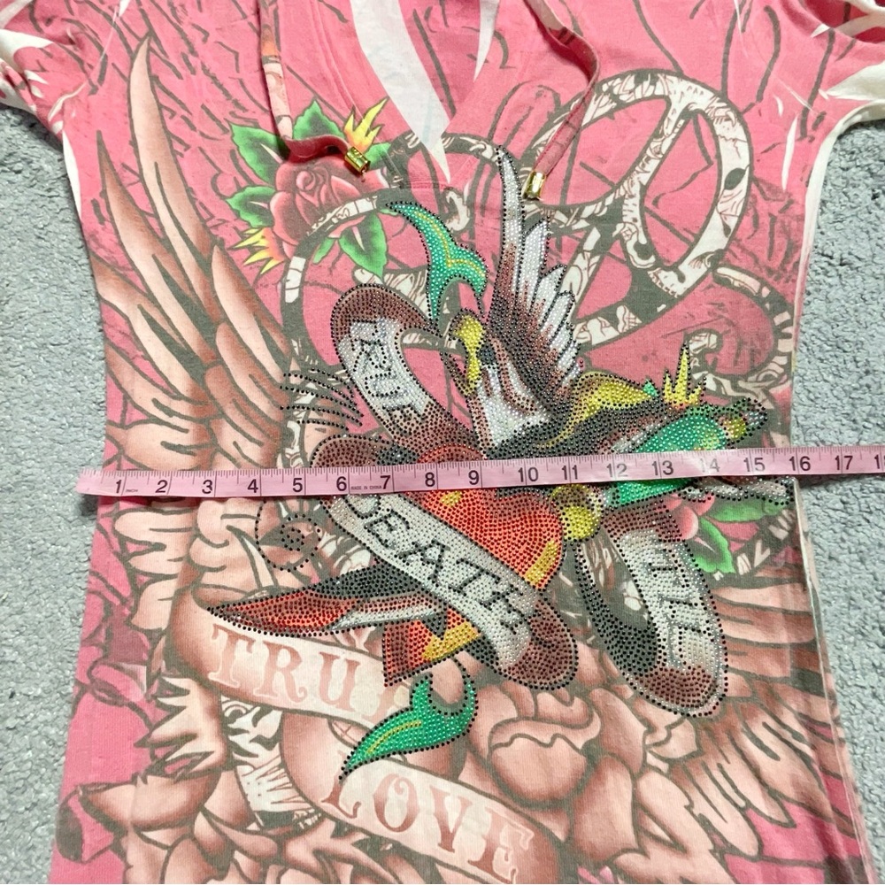 Ed Hardy Y2K Vintage All Over Print Hoodie Dress Top Shirt Skull Tattoo Skull - Picture 5 of 10